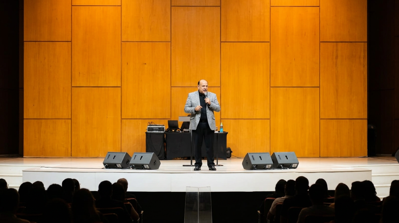 Homem falando ao microfone em um palco com parede de madeira